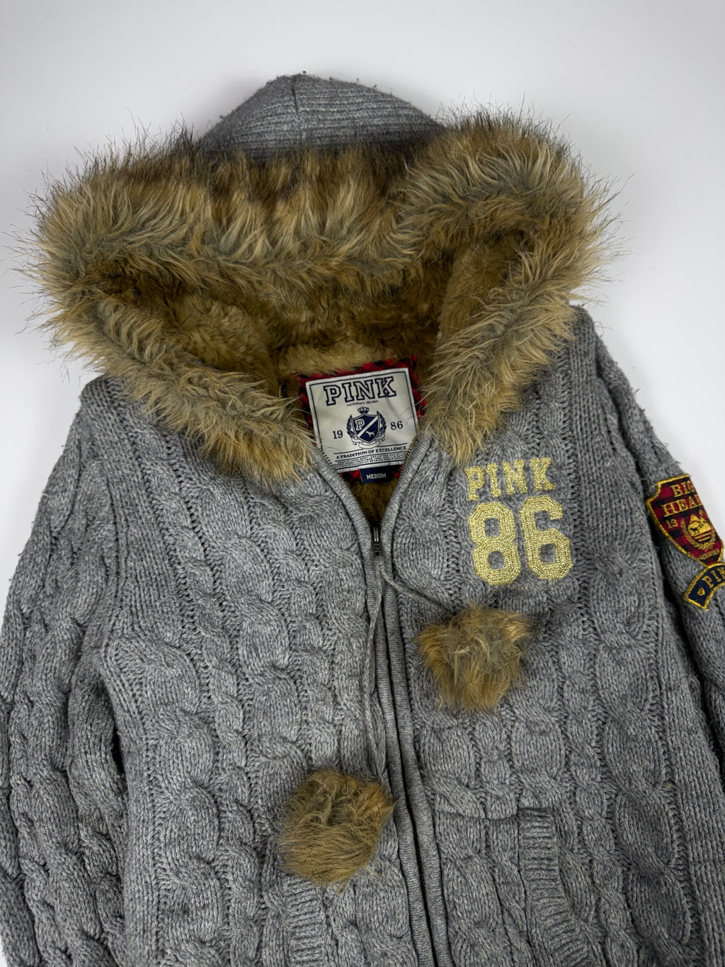 Grey PINK Fur Hood Zip Up Hoodie