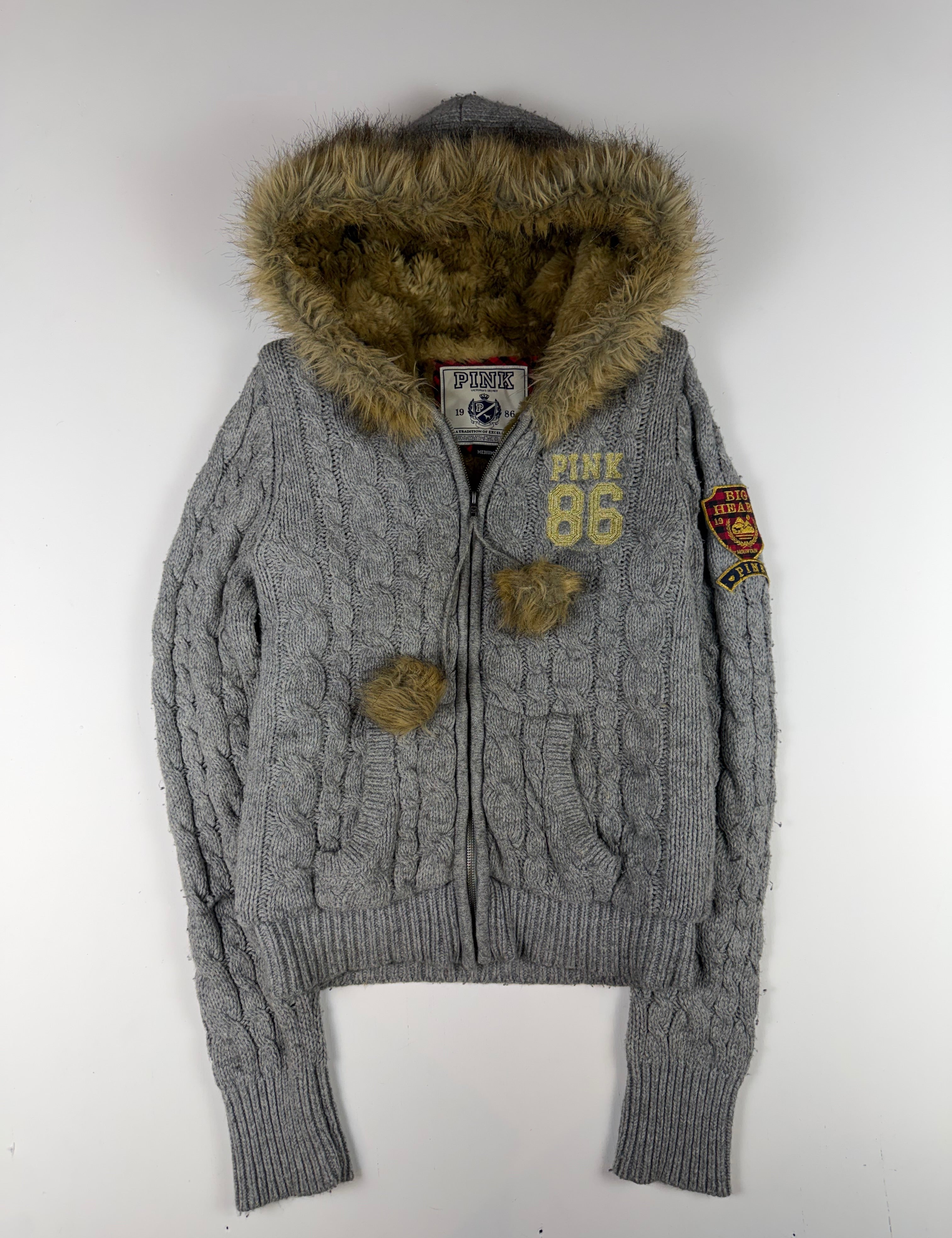 Grey PINK Fur Hood Zip Up Hoodie