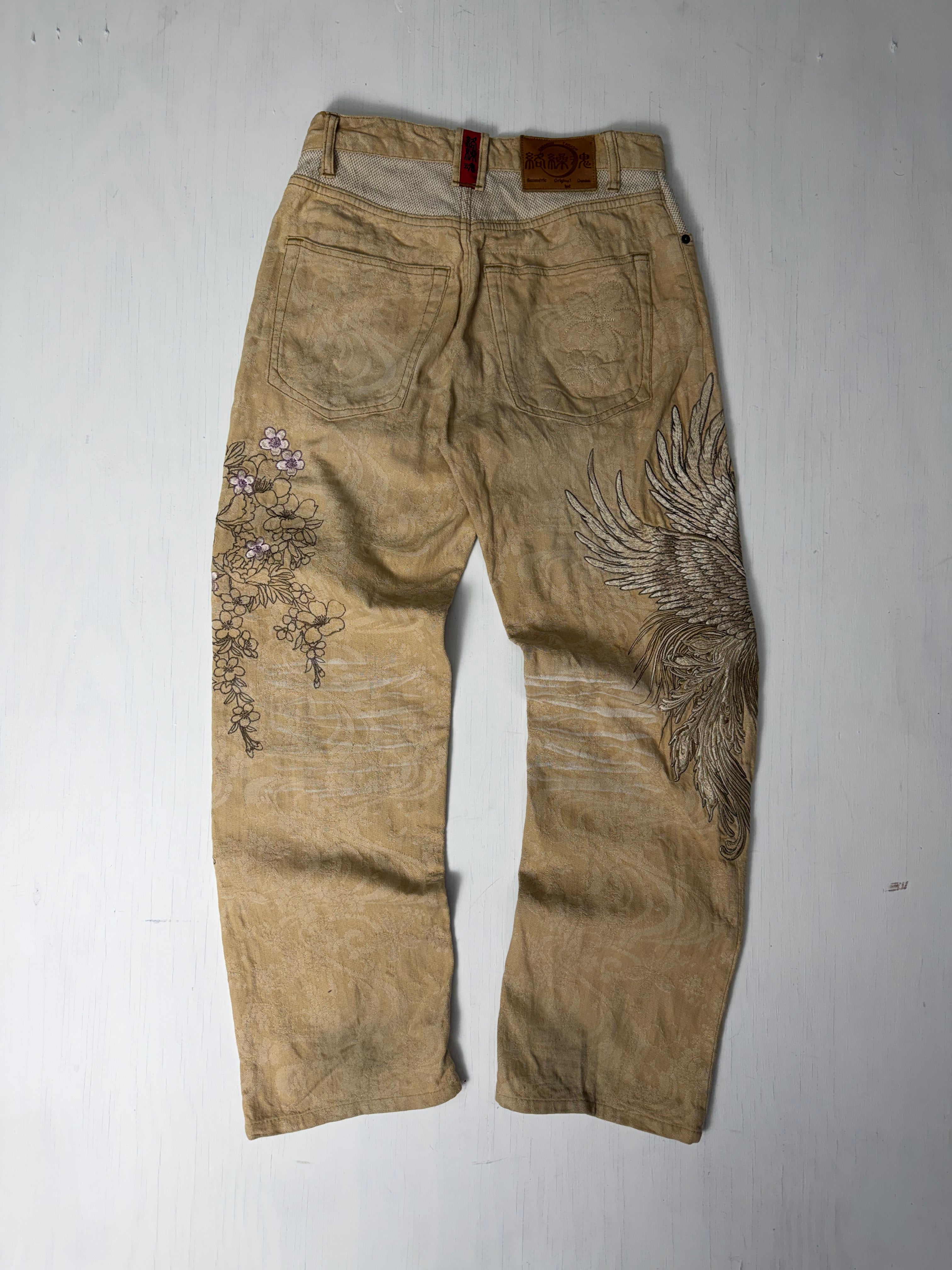 Tan Karakuri Phoenix Japanese Embroidered Pants