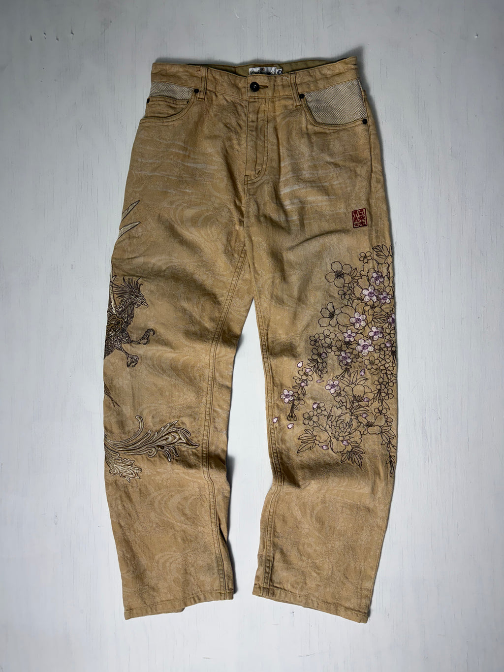 Tan Karakuri Phoenix Japanese Embroidered Pants