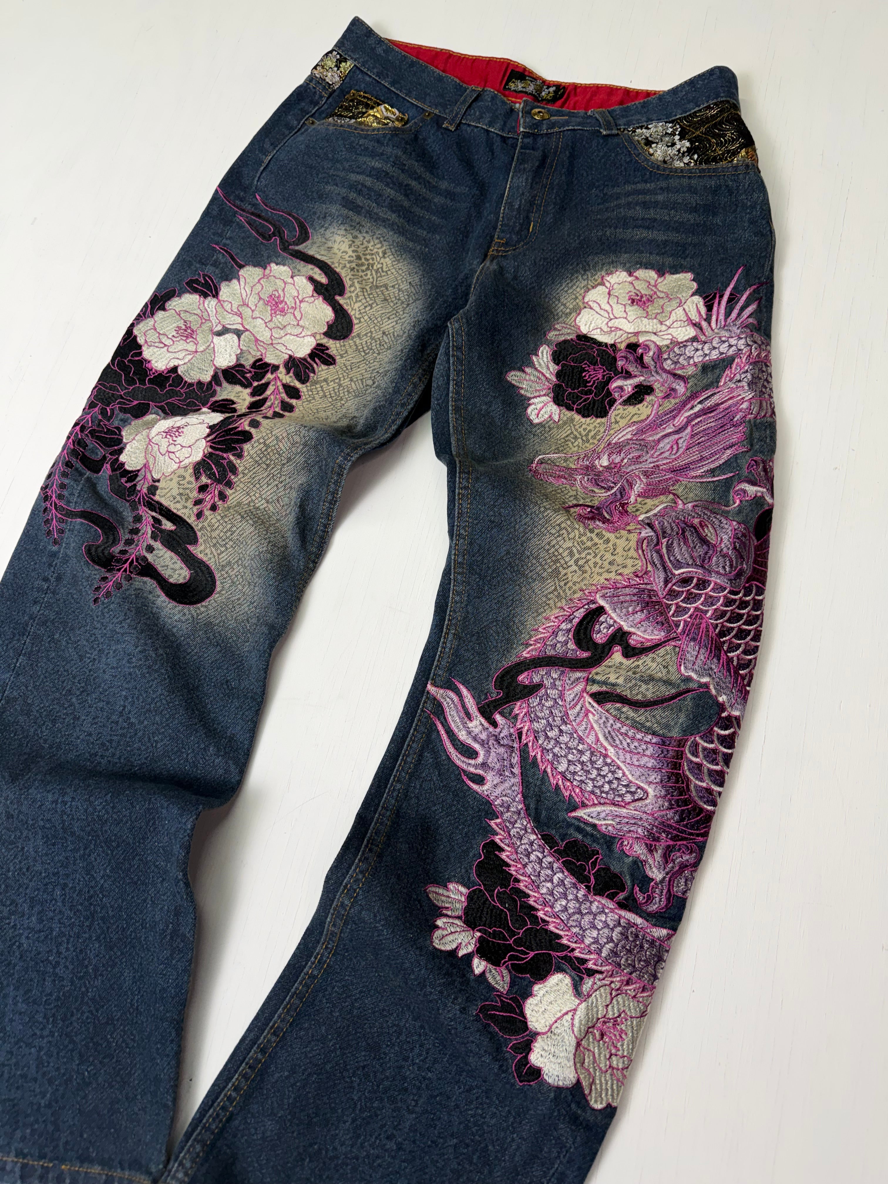 Bukkirabou 'Pink Dragon' Embroidered Japanese Jeans