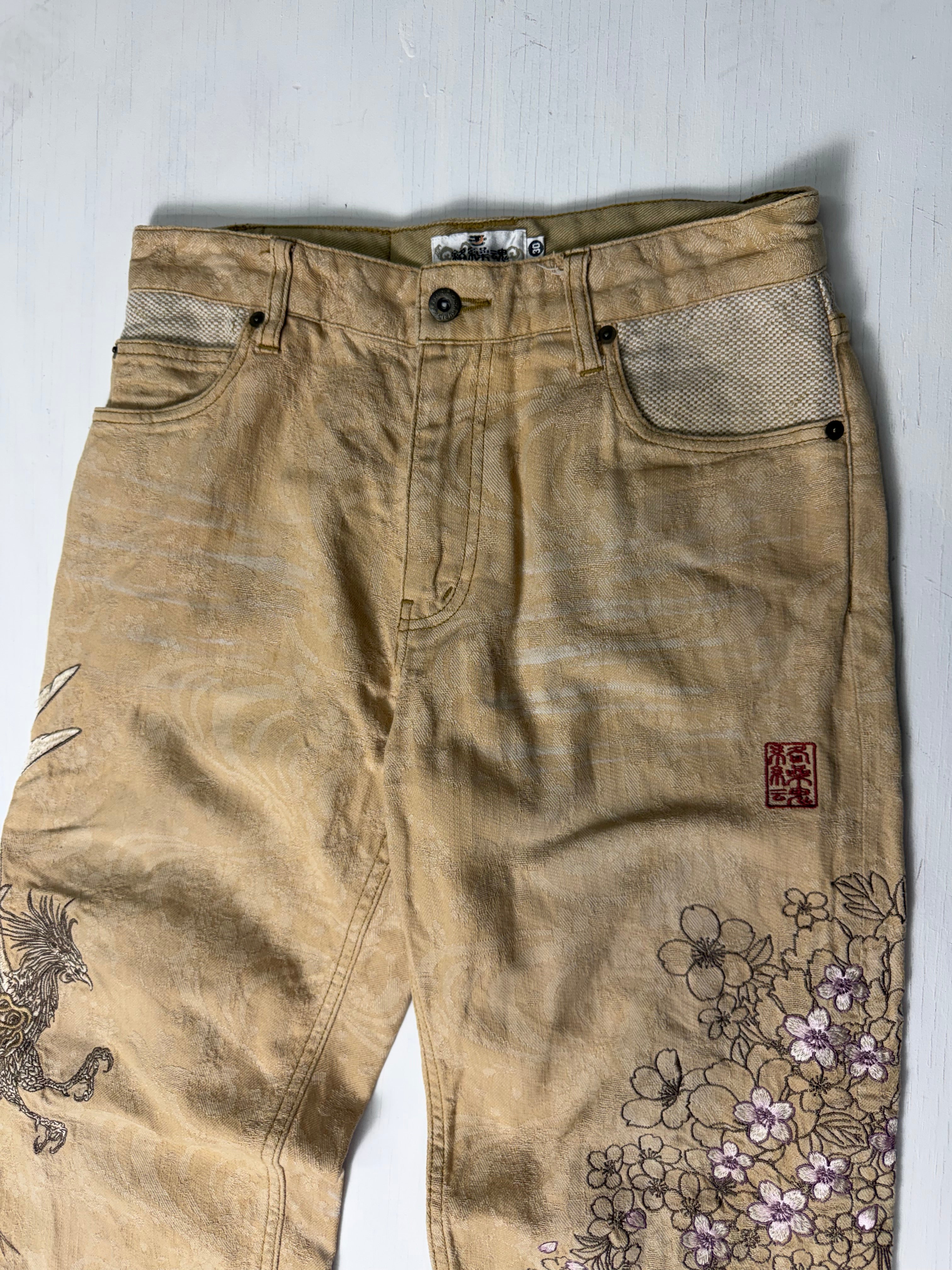 Tan Karakuri Phoenix Japanese Embroidered Pants