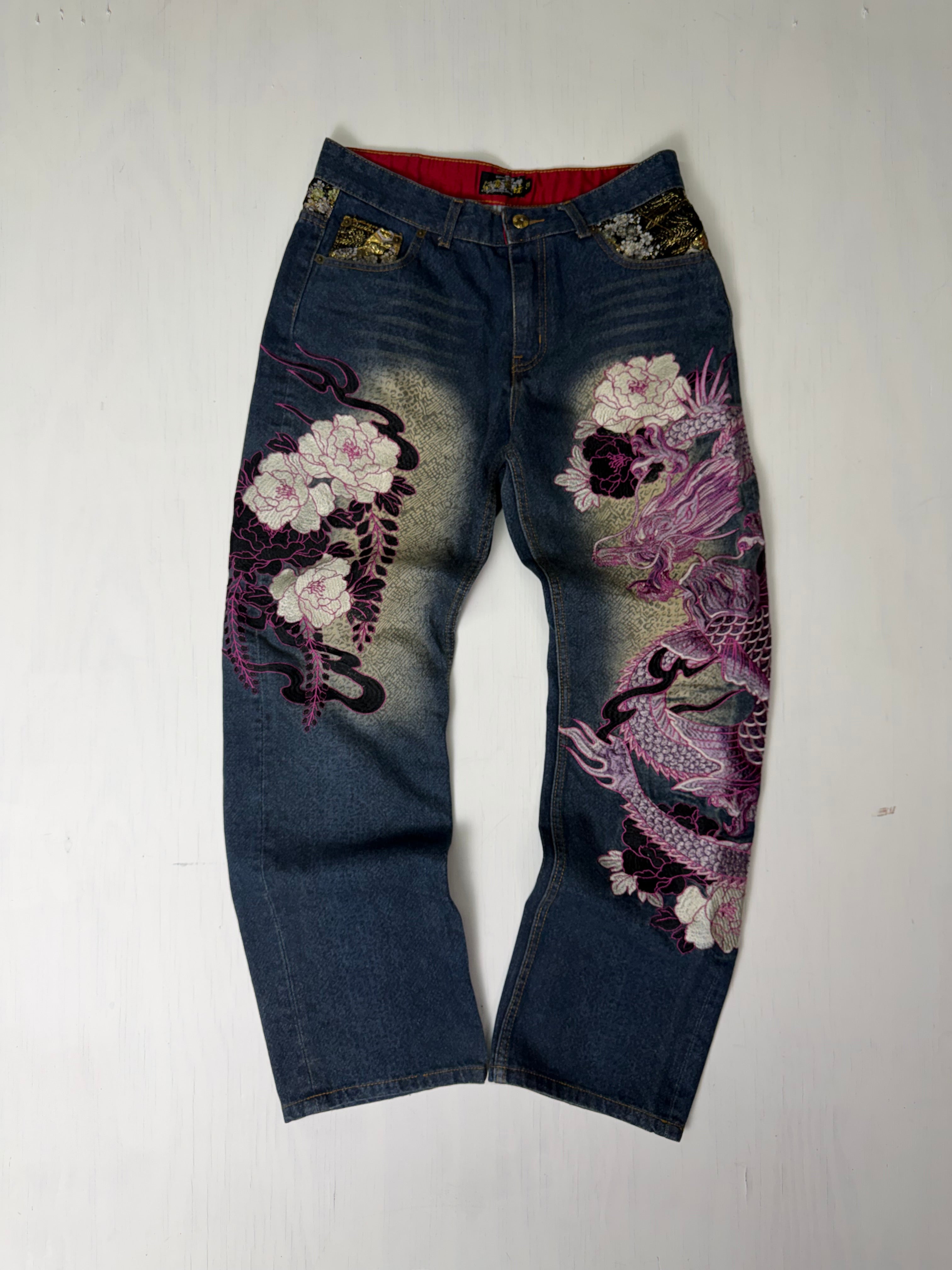 Bukkirabou 'Pink Dragon' Embroidered Japanese Jeans
