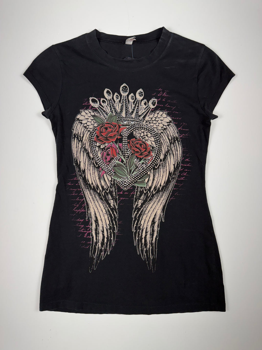 Black Y2K Angel Wings Rose Femme Tee