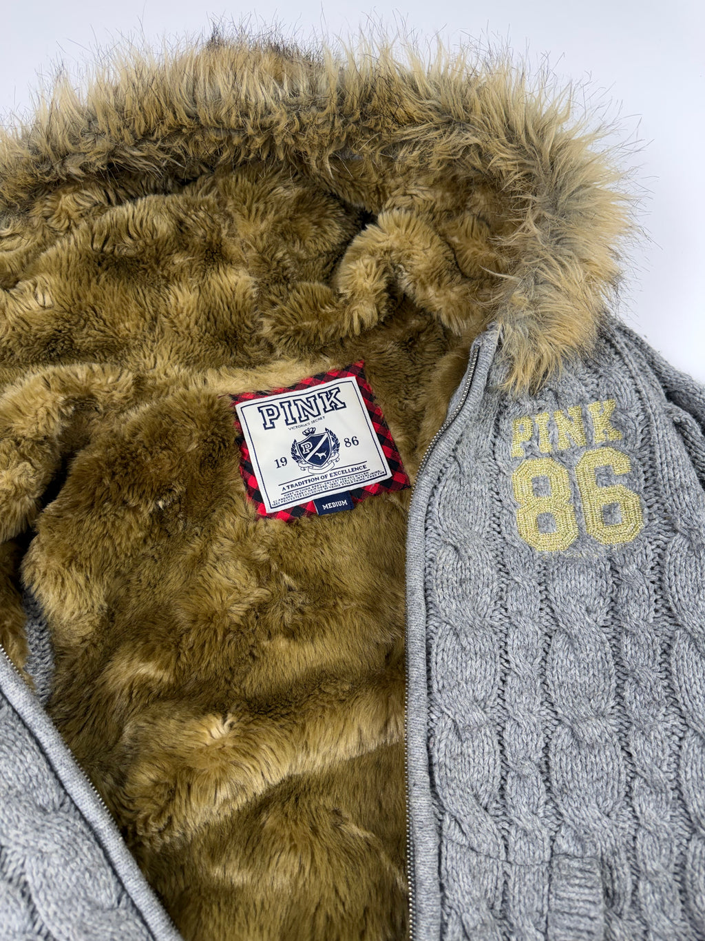 Grey PINK Fur Hood Zip Up Hoodie